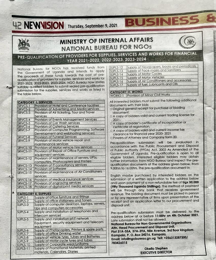ADVERTISED TENDER FOR PRE-QUALIFICATION OF SUPPLIERS